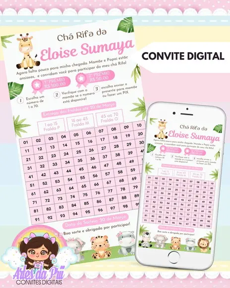 Convite Digital Chá Rifa Safari Rosa