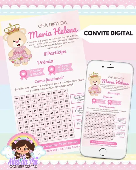 Convite Digital Chá Rifa Ursinha Princesa