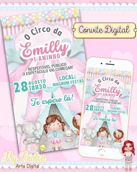 Convite Digital Circo Rosa Aquarela