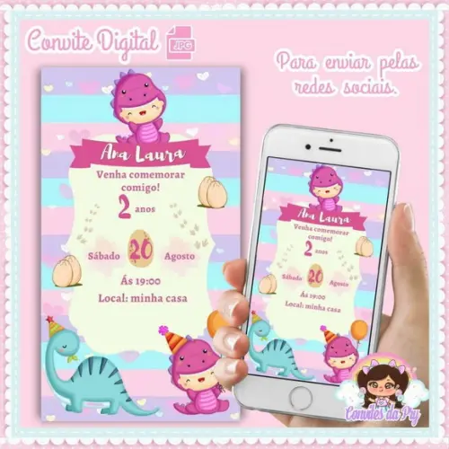 Convite Digital Dinossauro Baby Rosa