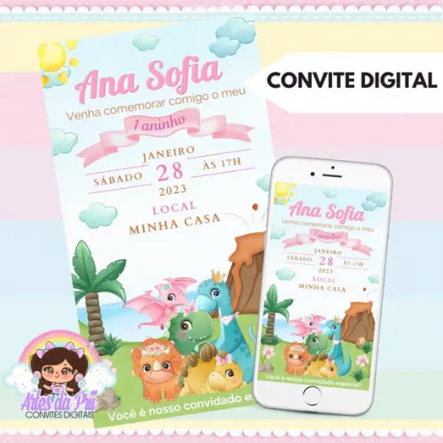 Convite Digital Dinossauro Baby Rosa