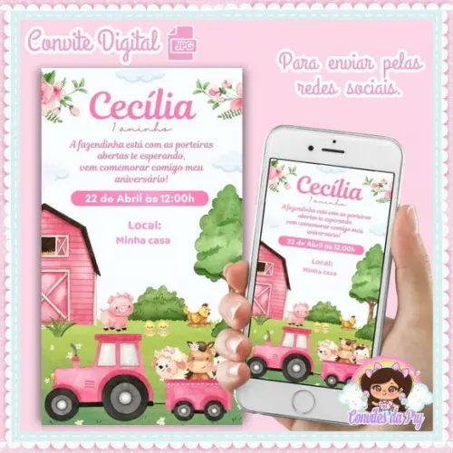Convite Digital Fazendinha Rosa Aquarela