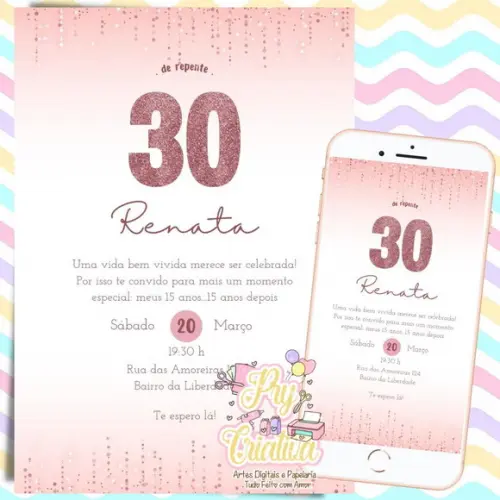 Convite Digital Glitter Rosa 30 Anos