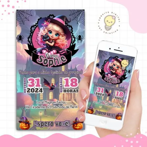 Convite Digital Halloween Rosa
