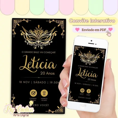 Convite Digital Interativo Adulto Feminino Baile de Máscaras