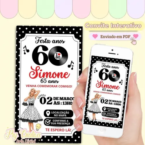 Convite Digital Interativo Adulto Flashback Anos 60