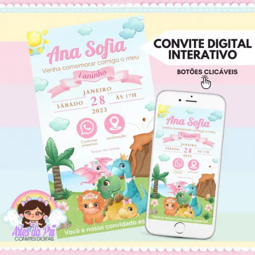 Convite Digital Interativo Dinossauro Baby Rosa