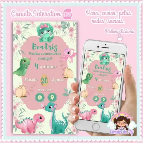 Convite Digital Interativo Dinossauro Baby Rosa