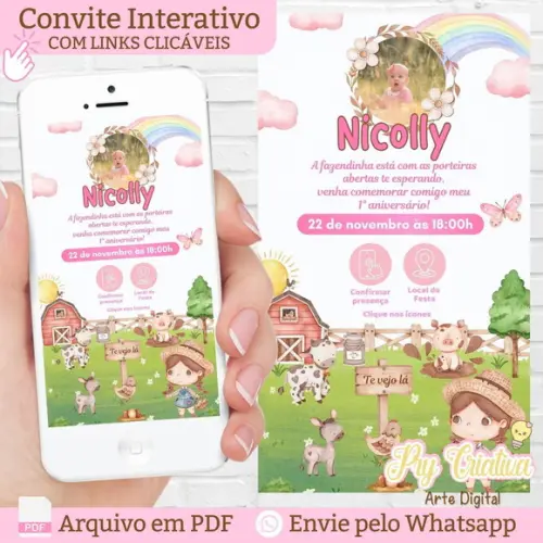 Convite Digital Interativo Fazendinha Rosa