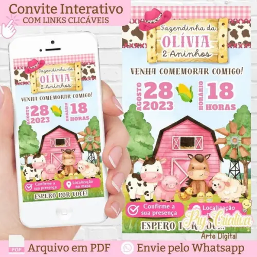 Convite Digital Interativo Fazendinha Rosa