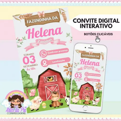 Convite Digital Interativo Fazendinha Rosa