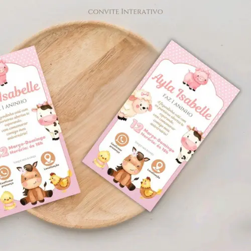 Convite Digital Interativo Fazendinha Rosa