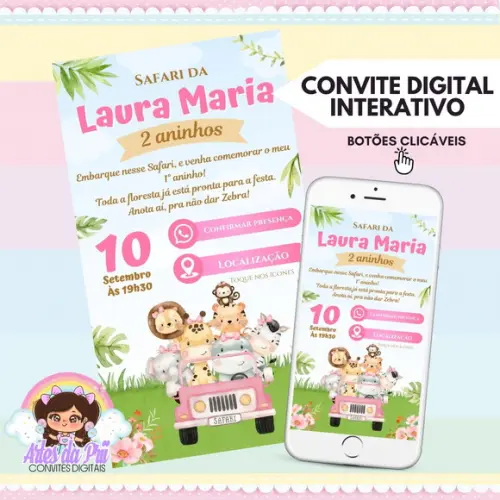 Convite Digital Interativo Safari Rosa