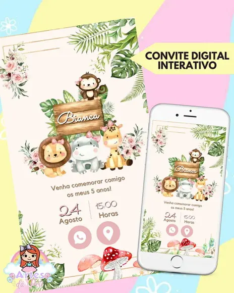 Convite Digital Interativo Safari Rosa