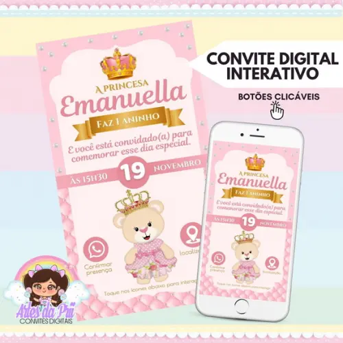 Convite Digital Interativo Ursinha Princesa