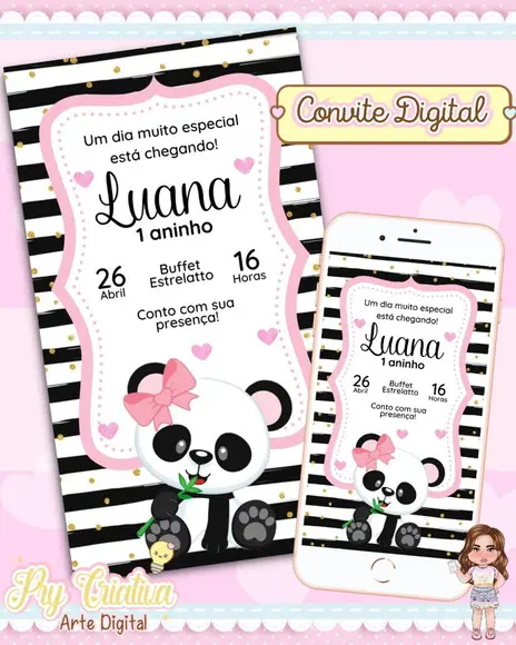 Convite Digital Panda Rosa