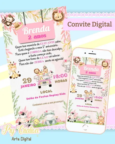 Convite Digital Safari Baby Rosa