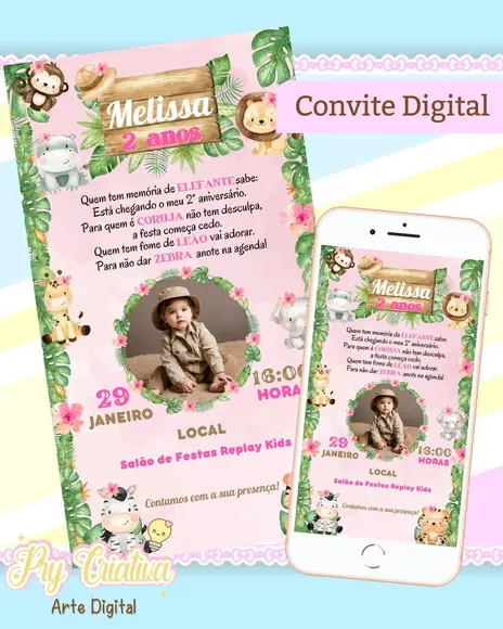 Convite Digital Safari Baby Rosa com Foto