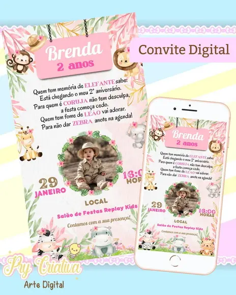 Convite Digital Safari Rosa com Foto