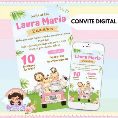 Convite Digital Safari Rosa
