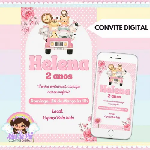 Convite Digital Safari Rosa