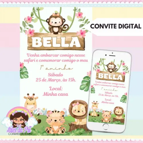 Convite Digital Safari Rosa