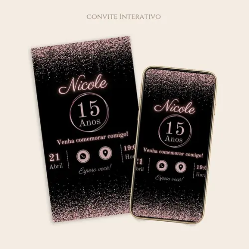 Convite Interativo 15 Anos Preto e Rosa