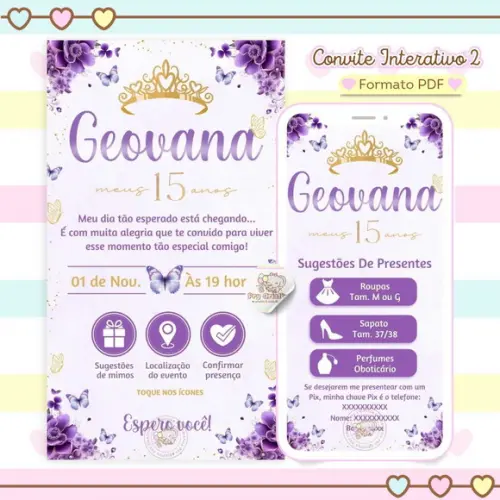 Convite Interativo 15 Anos Roxo com Sugestão de Presentes
