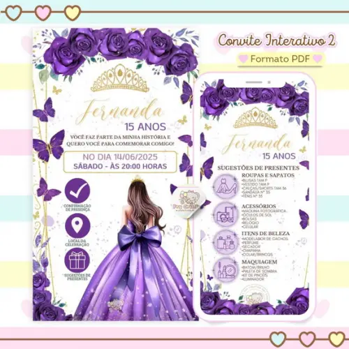 Convite Interativo 15 Anos Roxo com Sugestão de Presentes