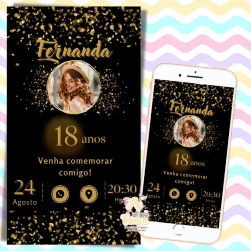 Convite Interativo 18 Anos Preto e Dourado