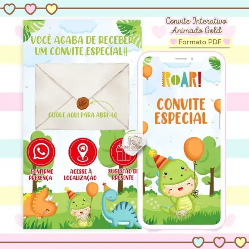 Convite Interativo Animado Gold Dinossauro Baby