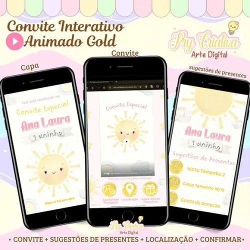 Convite Interativo Animado Gold Primeira Volta ao Sol
