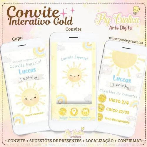 Convite Interativo Animado Gold Primeira Volta ao Sol