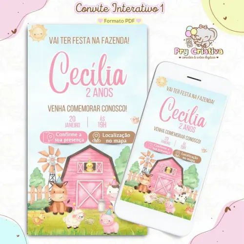 Convite Interativo Fazendinha Rosa