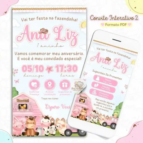 Convite Interativo Fazendinha Rosa com Lista de Presentes