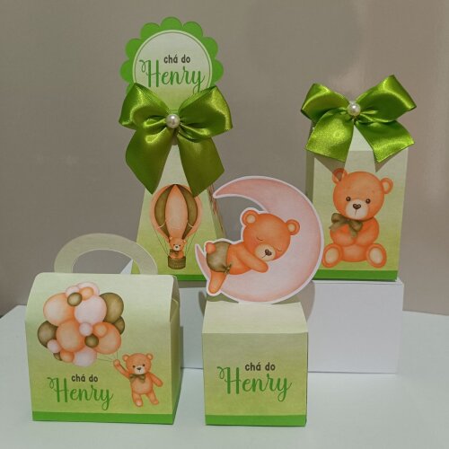 Kit Personalizados chá de bebê ursinho verde kit festa chá de bebê ursinho 20 caixas