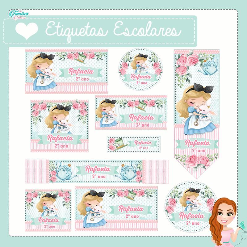 Arquivo de corte Etiqueta Escolar Alice no país das maravilhas