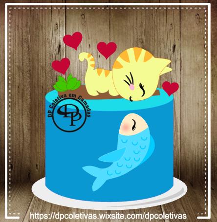 Arquivo de corte topo de bolo gato e Peixe