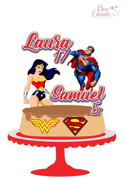 Topo de Bolo Mulher Maravilha e Superman