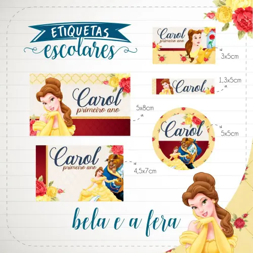 Arquivo de corte Etiqueta Escolar A bela e a fera