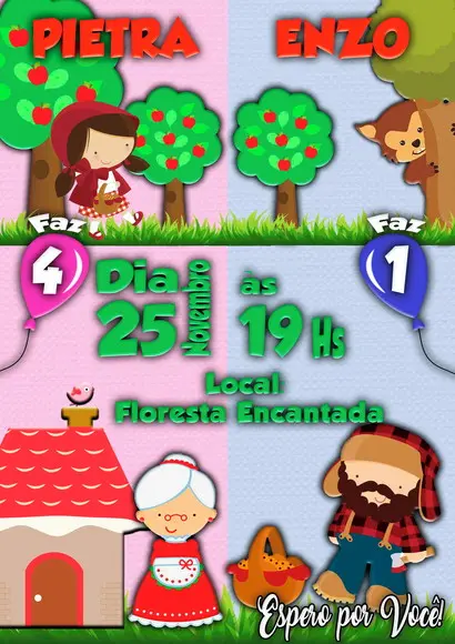 Convite Digital Chapeuzinho Vermelho Menino e Menina