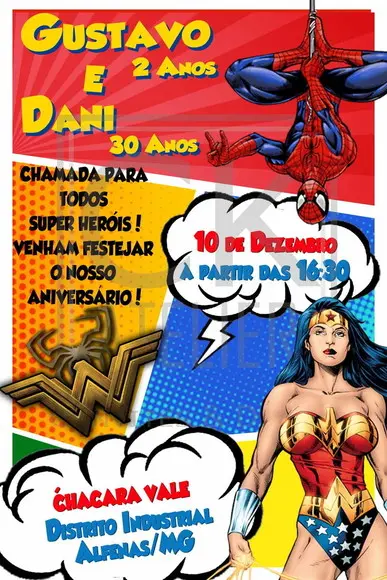 Convite Digital Mulher Maravilha e Homem Aranha