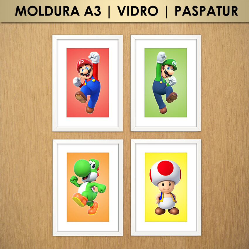 Kit 4 Quadros Super Mario, Luigi e Amigos (Moldura A3 com Vidro e