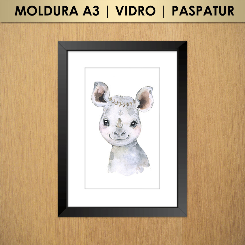 Quadro Rinoceronte Efeito Aquarela | Animais Safari | Infantil |