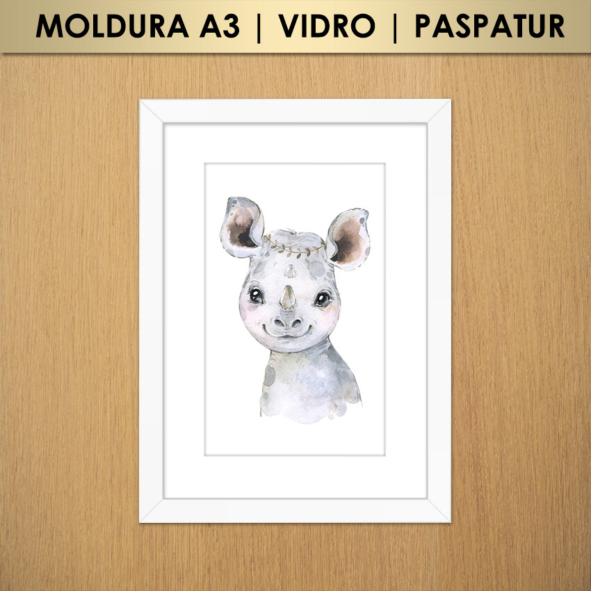 Quadro Rinoceronte Efeito Aquarela | Animais Safari | Infantil |