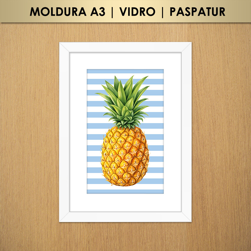 Quadro Abacaxi Listras (Moldura A3 com Vidro e Paspatur)