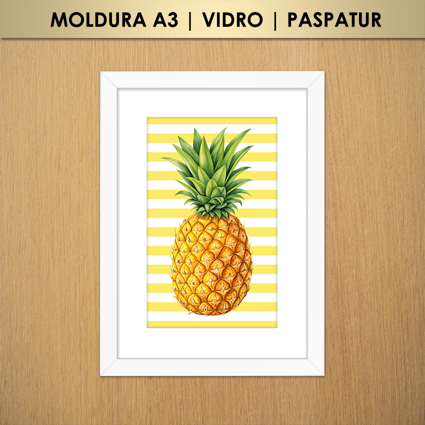 Quadro Abacaxi Listras (Moldura A3 com Vidro e Paspatur)