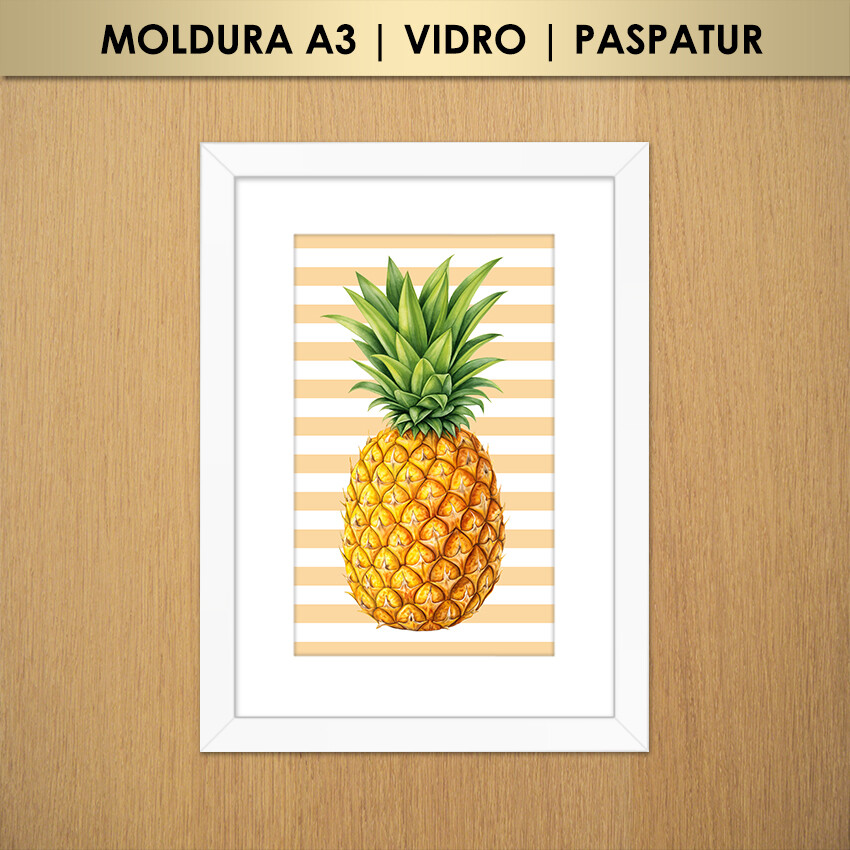 Quadro Abacaxi Listras (Moldura A3 com Vidro e Paspatur)
