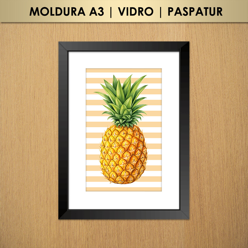 Quadro Abacaxi Listras (Moldura A3 com Vidro e Paspatur)