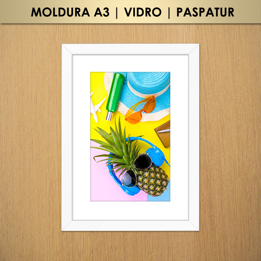Quadro Abacaxi de Óculos de Sol e Fone de Ouvido na Praia (Moldu
